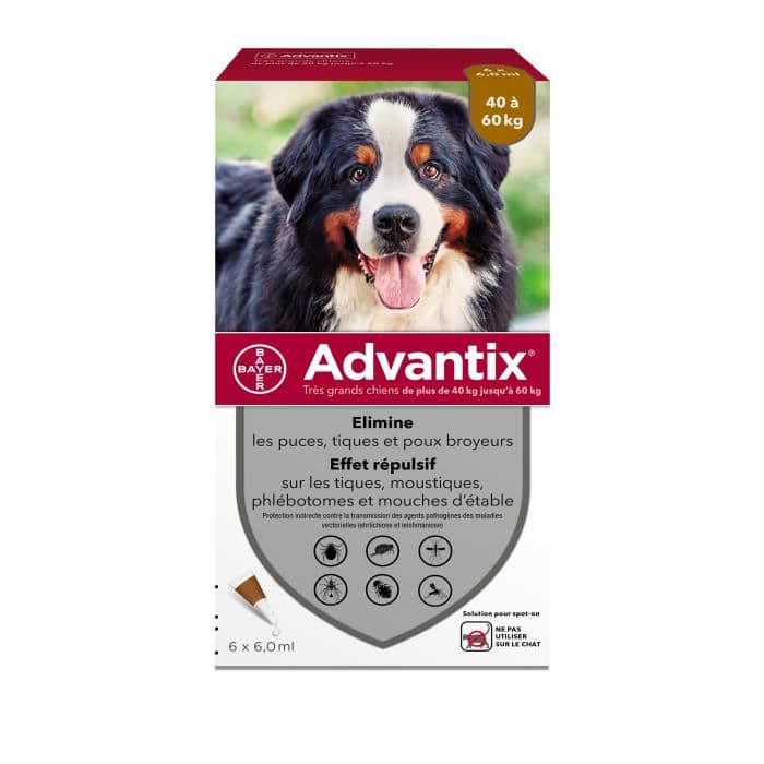 ADVANTIX 6 antiparasitiske pipetter - Til meget stor hund fra 40 til 60 kg - 6 x 6 ml