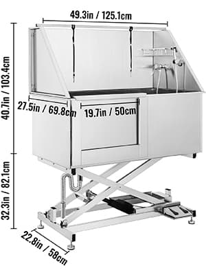 50" 100kg kapacitet elektrisk rostfritt stål hundvårdsbadkar kit med spruta och kran, vänster skjutdörr, justerbar höjd