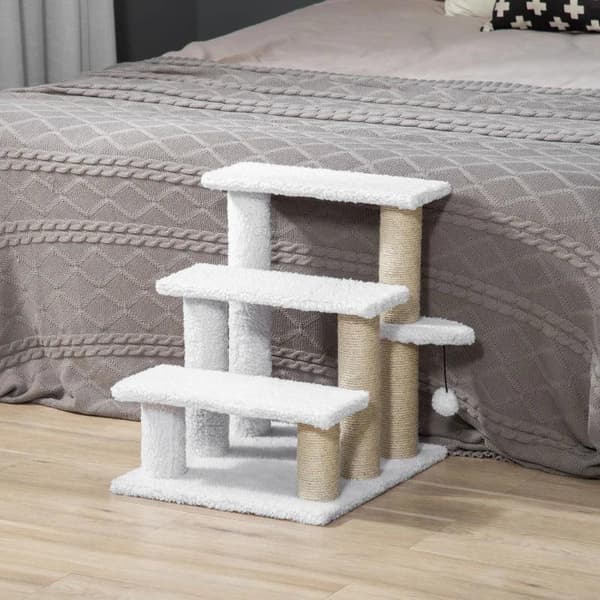 Rootz Pet Trappe - Kradsestolpe - Trapper - Kattetrappe - Hundetrappe - Dyretrapper - Spånplade/Jute/Plysj - Hvid - 45 x 40 x 48 cm