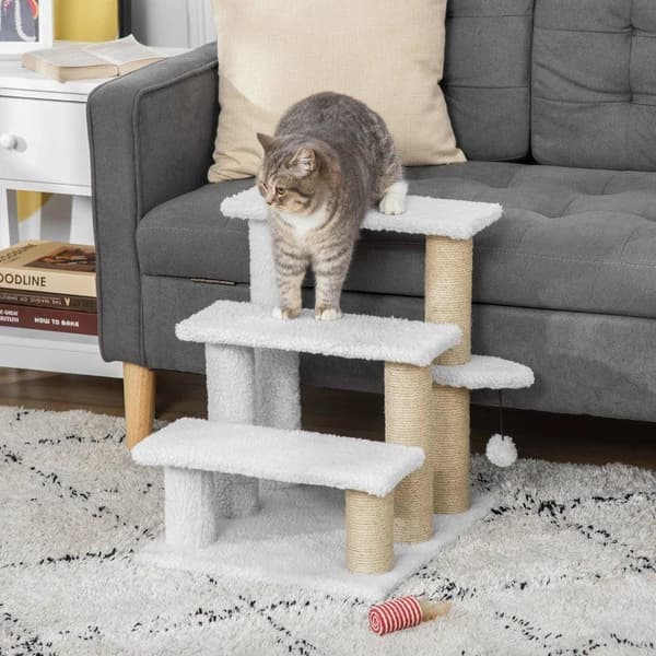 Rootz Pet Trappe - Kradsestolpe - Trapper - Kattetrappe - Hundetrappe - Dyretrapper - Spånplade/Jute/Plysj - Hvid - 45 x 40 x 48 cm