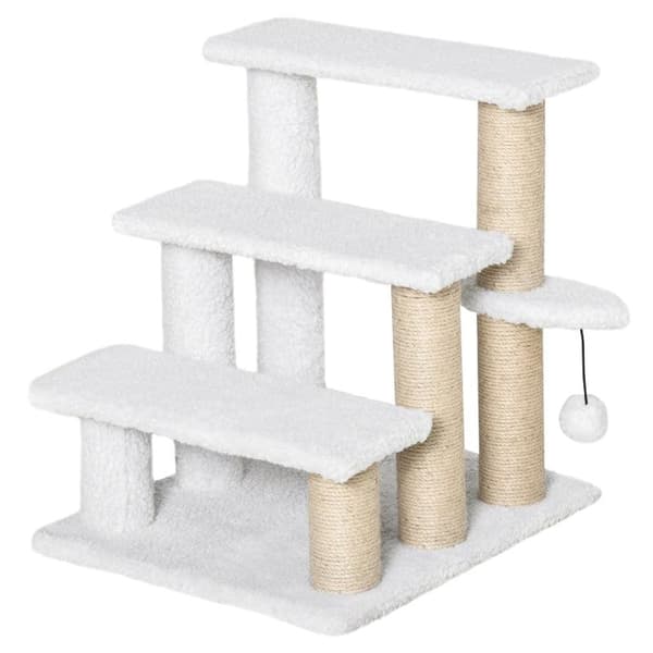 Rootz Pet Trappe - Kradsestolpe - Trapper - Kattetrappe - Hundetrappe - Dyretrapper - Spånplade/Jute/Plysj - Hvid - 45 x 40 x 48 cm