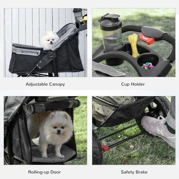 Rootz Dog Buggy - Cat Buggy - Hundevogn - Kæledyrsklapvogn med 3 hjul - Foldbar - Justerbar baldakin - Oxford - Grå/Sort - 109,5 x 57,5 x 106,5 cm
