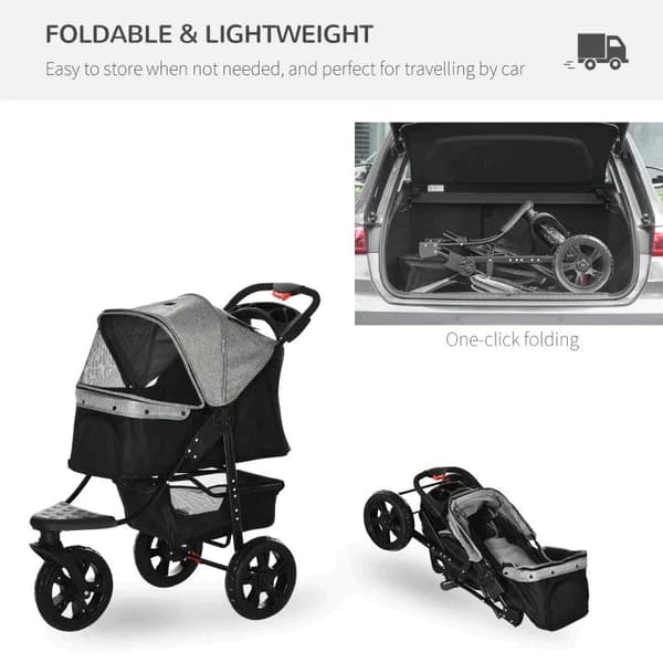 Rootz Dog Buggy - Cat Buggy - Hundevogn - Kæledyrsklapvogn med 3 hjul - Foldbar - Justerbar baldakin - Oxford - Grå/Sort - 109,5 x 57,5 x 106,5 cm