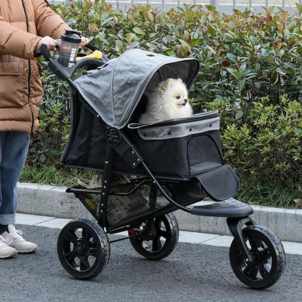 Rootz Dog Buggy - Cat Buggy - Hundevogn - Kæledyrsklapvogn med 3 hjul - Foldbar - Justerbar baldakin - Oxford - Grå/Sort - 109,5 x 57,5 x 106,5 cm