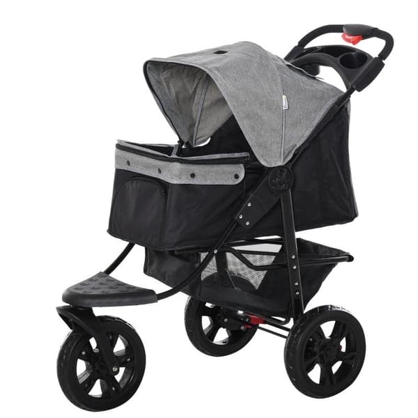 Rootz Dog Buggy - Cat Buggy - Koiravaunu - Lemmikkirattaat 3 pyörällä - Taitettava - Säädettävä kuomu - Oxford - Harmaa/Musta - 109,5 x 57,5 x 106,5 c