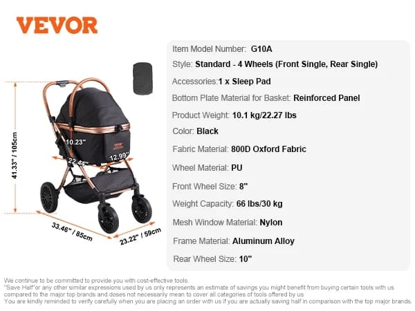 Klapvogn til kæledyr, sammenklappeligt design, opbevaringskurv, 66 lbs