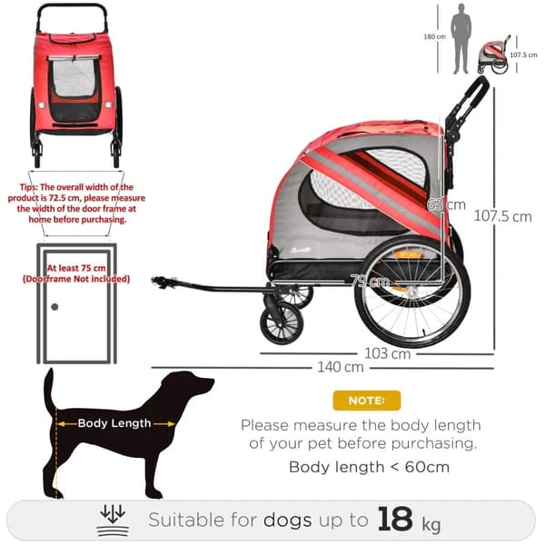 Rootz Dog Buggy - Koirakärry - Lemmikkirattaat - Lemmikkipyörän perävaunu - Koiranrattaat - Turvahihnaheijastimet - Punainen - 140cm x 72,5cm x 108cm