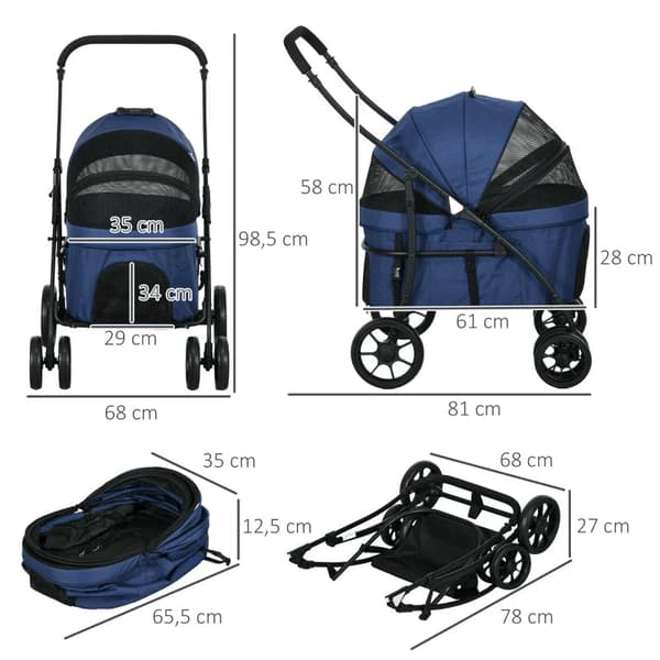 Rootz Dog Buggy - Lemmikkien rattaat - Taitettavat - Sadesuoja - Lemmikkieläinkärry - 2 turvanauhaa - Oxford-kangas - Teräs - Tummansininen - 81x 68 X