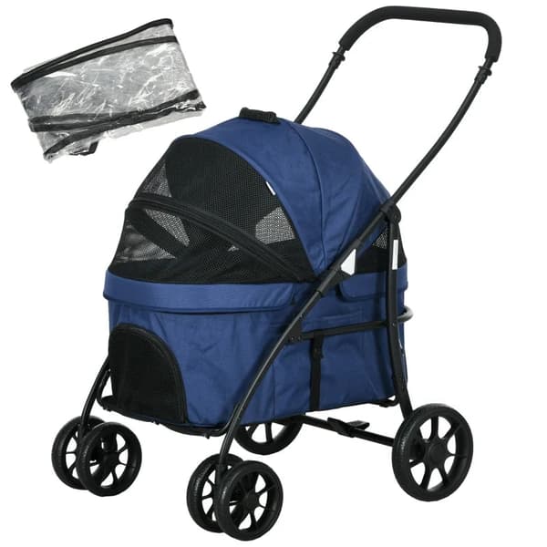 Rootz Dog Buggy - Husdjursvagn - Hopfällbar - Regnskydd - Husdjursvagn - 2 säkerhetslinor - Oxfordduk - Stål - Mörkblå - 81x 68 X 98,5 Cm
