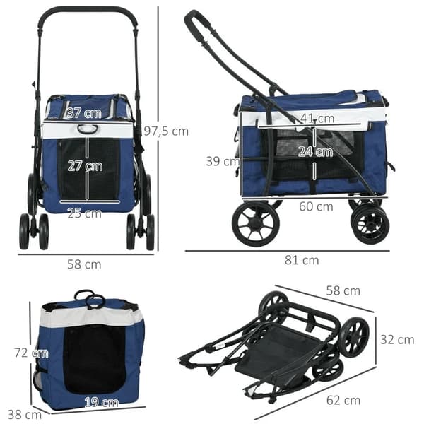 Rootz Dog Buggy - 2 turvahihnaa - Koirakärry - Taitettava - Irrotettava kori - Sadesuoja - Oxford-kangas - Teräs - Tummansininen - 81L x 58L x 97,5K c