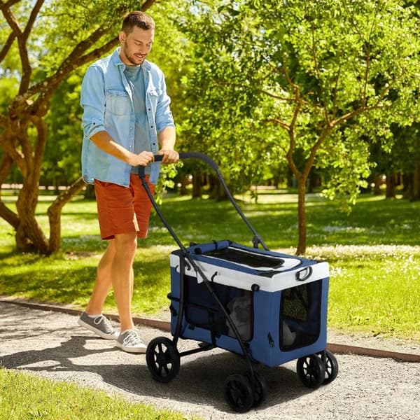 Rootz Dog Buggy - 2 turvahihnaa - Koirakärry - Taitettava - Irrotettava kori - Sadesuoja - Oxford-kangas - Teräs - Tummansininen - 81L x 58L x 97,5K c