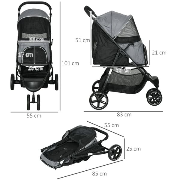 Rootz Dog Buggy - 2 turvahihnaa - Koirakärry - Taitettava - Irrotettava kori - Sadesuoja - Oxford-kangas - Teräs - Harmaa - Musta - 83cm x 55cm x 101c