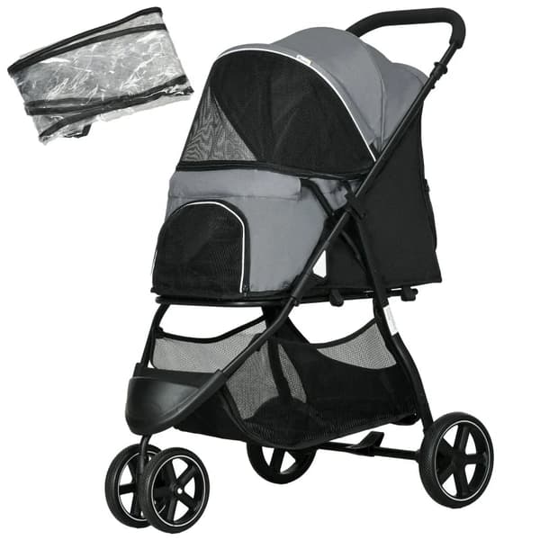 Rootz Dog Buggy - 2 turvahihnaa - Koirakärry - Taitettava - Irrotettava kori - Sadesuoja - Oxford-kangas - Teräs - Harmaa - Musta - 83cm x 55cm x 101c