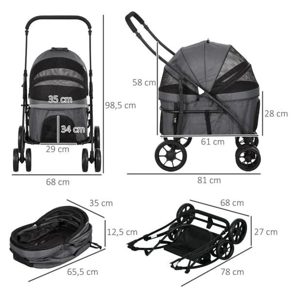 Rootz Dog Buggy - 2 turvahihnaa - Koirakärry - Taitettava - Irrotettava kori - Sadesuoja - Oxford-kangas - Teräs - Tummanharmaa - 81L x 68L x 98,5K cm
