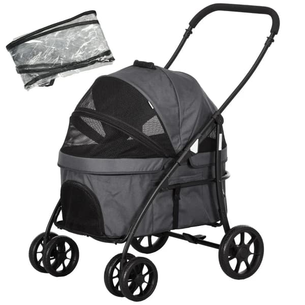 Rootz Dog Buggy - 2 Sikkerhedsbånd - Hundevogn - Sammenfoldelig - Aftagelig kurv - Regnslag - Oxford-klud - Stål - Mørkegrå - 81L x 68W x 98,5H cm