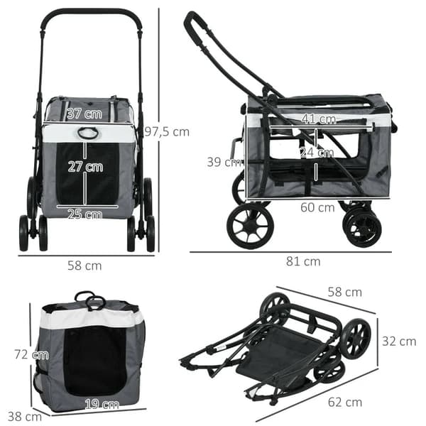 Rootz Dog Buggy - Pet Buggy - Koirakärry - Taittuva - Irrotettava kori - Oxford Kangas - Teräs - Musta - Harmaa - Valkoinen - 81 X 58 X 97,5 cm