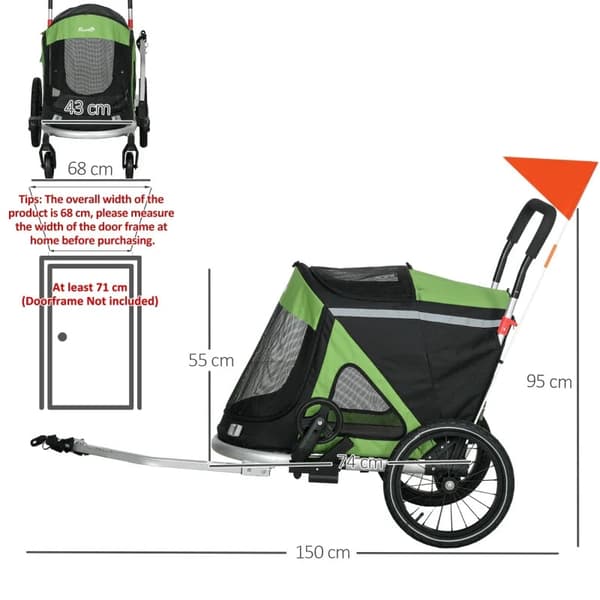 Rootz Dog Buggy - Hundejogger - Cykeltrailer - 2 Reflekser - Pet Bike Trailer - 1 Sikkerhedssnor - Oxford Cloth-aluminium - Grøn - 150 X 68 X 95 Cm