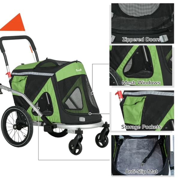 Rootz Dog Buggy - Hundejogger - Cykeltrailer - 2 Reflekser - Pet Bike Trailer - 1 Sikkerhedssnor - Oxford Cloth-aluminium - Grøn - 150 X 68 X 95 Cm
