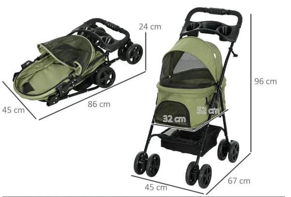 Rootz Dog Buggy - Sammenklappelig hundeklapvogn - 2 sikkerhedssnore - kæledyrsvogn - 2 kopholdere - Stål - Polyester - Khaki - 67 X 45 X 96 Cm