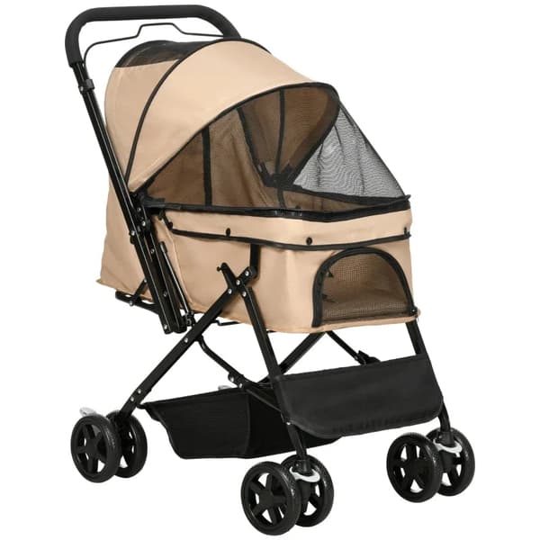 Rootz Folding Dog Buggy - Husdjursvagn - 1 Korg - 2 Bromsar - Inklusive säkerhetskoppel - Ljusbrun - 76,5 cm x 52 cm x 95 cm