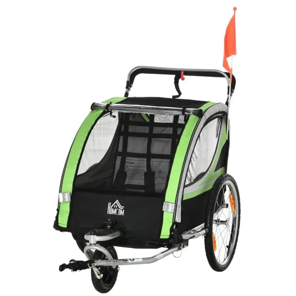 Rootz 2-i-1 cykeltrailer - Til 2 børn - Glidefunktion - Regnslag - Bremse - Oxford stof - Grøn + Sort - 142cm x 75cm x 101cm