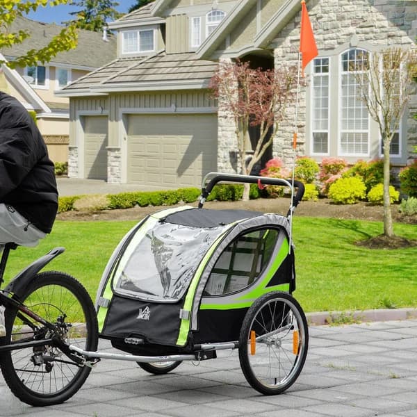 Rootz 2-i-1 cykeltrailer - Til 2 børn - Glidefunktion - Regnslag - Bremse - Oxford stof - Grøn + Sort - 142cm x 75cm x 101cm