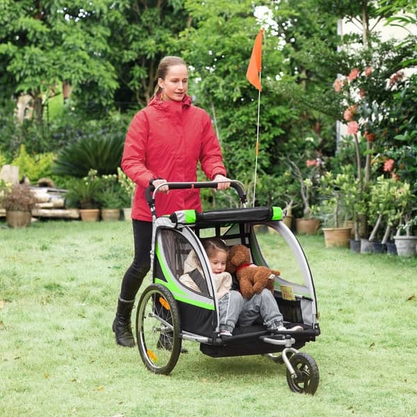 Rootz 2-i-1 cykeltrailer - Til 2 børn - Glidefunktion - Regnslag - Bremse - Oxford stof - Grøn + Sort - 142cm x 75cm x 101cm