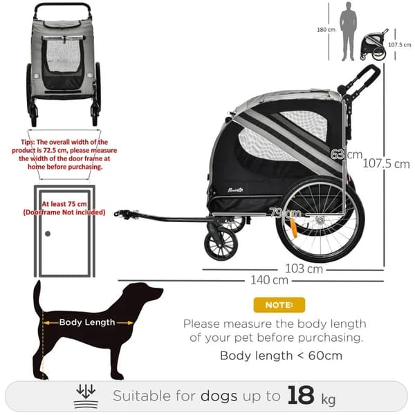 Rootz Dog Buggy - Hundevogn - Pet Buggy - Pet Bike Trailer - Hundeklapvogn - Sikkerhedssnorreflekser - Grå - 140cm x 72,5cm x 108cm