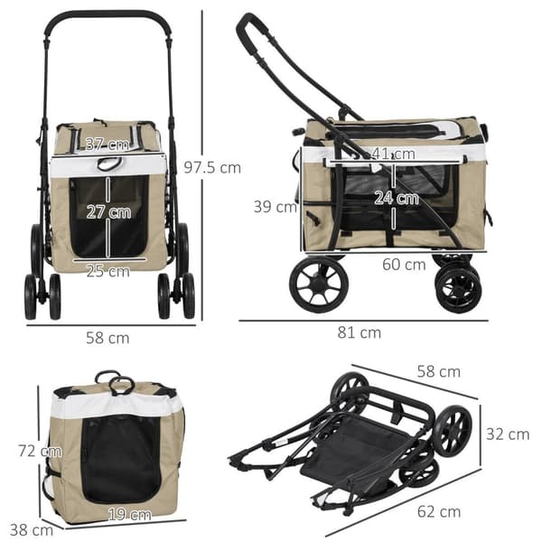 Rootz sammenfoldelig kæledyr klapvogn til hunde katte - aftagelig buggy - rejsebærer - skulderstropper - 81 x 58 x 97,5 cm