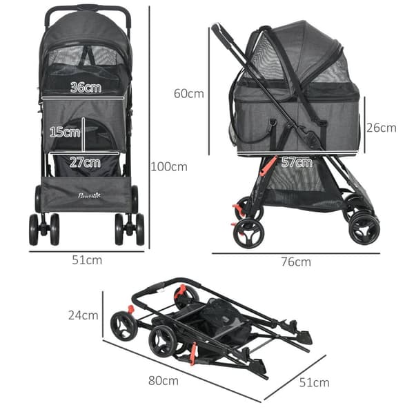 Rootz 3 -i -1 Dog klapvogn - Pet Carrier - Folding Transport - Komfortpude - 76 cm x 51 cm x 100 cm