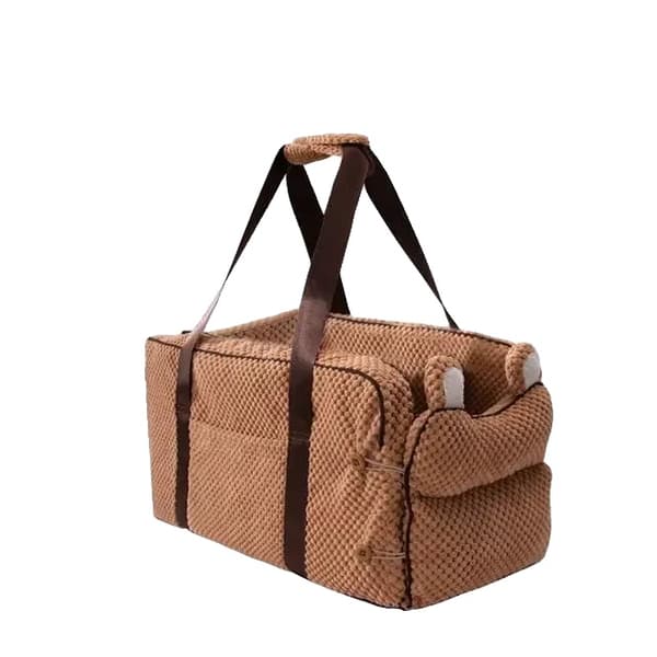 Bærbar kæledyrsbilsæde, sikker central kontroldesign, kompakt størrelse,42x20x22cm, brun med håndtag