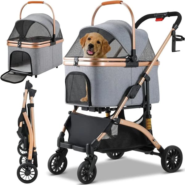 Pet Barnevogn, Sammenklappeligt Design, Åndbart Materiale,Grå og Brun