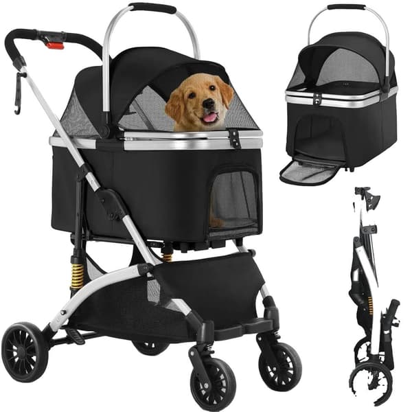 Pet Barnevogn, Sammenklappeligt Design, Åndbart Materiale,Sølv og Sort