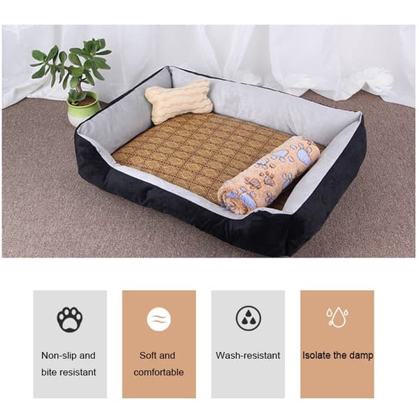 Dog Bone Pattern Big Soft Warm Kennel Pet Dog Cat Mat Blanket, with Rattan Mat & Blanket Size: XS, 50×40×15cm (Black Red)