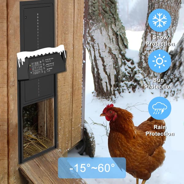 Hönslucka med timer, ljussensor och solcellsdriven laddning