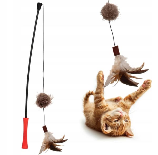 Fiskespö för katt med ludd och fjädrar, robust och hållbar leksak, 62 cm