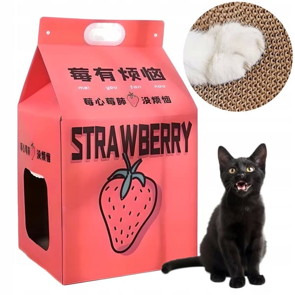 Klösträ för katt i kartong med koreansk mjölkkartong och jordgubbsjuice