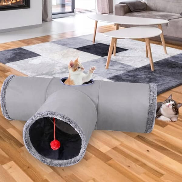 RUSTLING KATTUNNEL MED 3 INGÅNGAR OCH HOPPBAR BOLL 81CM GRÅ