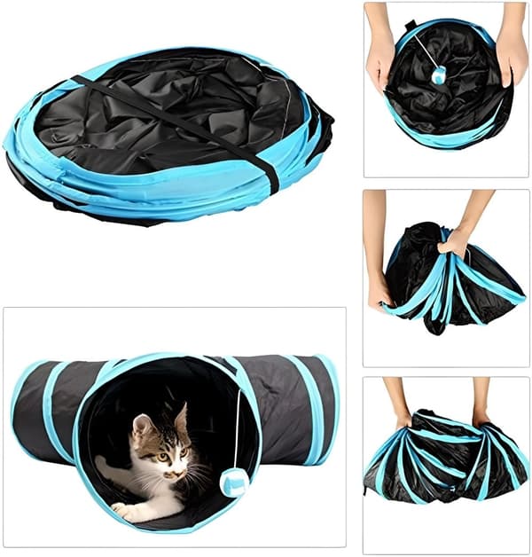RUSTLING KATTUNNEL MED 3 INGÅNGAR OCH HOPPBAR BOLL 81CM GRÅ