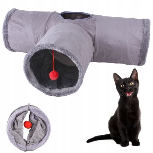 RUSTLING KATTUNNEL MED 3 INGÅNGAR OCH HOPPBAR BOLL 81CM GRÅ