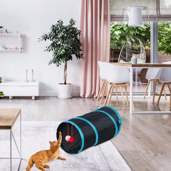 RUSTLING KATTUNNEL MED BOLLAR Hopfällbar kattleksak Svart