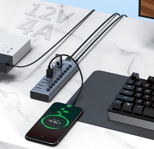 Philips USB3.0 -jakaja 7-porttinen laajennustelakointiasema Yksi hinaus seitsemän nopeaa HUB-keskitintä virtalähteellä