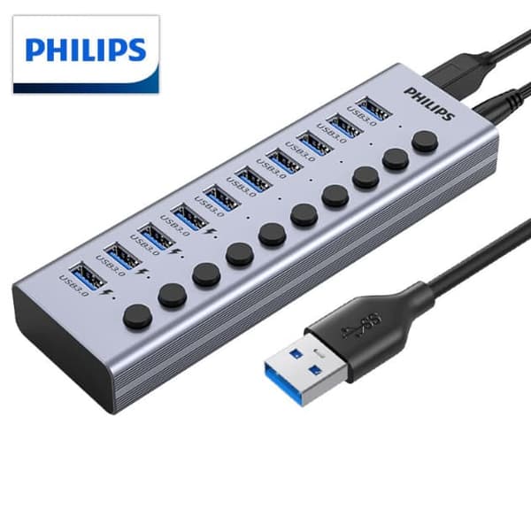 Philips USB3.0 -jakaja 7-porttinen laajennustelakointiasema Yksi hinaus seitsemän nopeaa HUB-keskitintä virtalähteellä