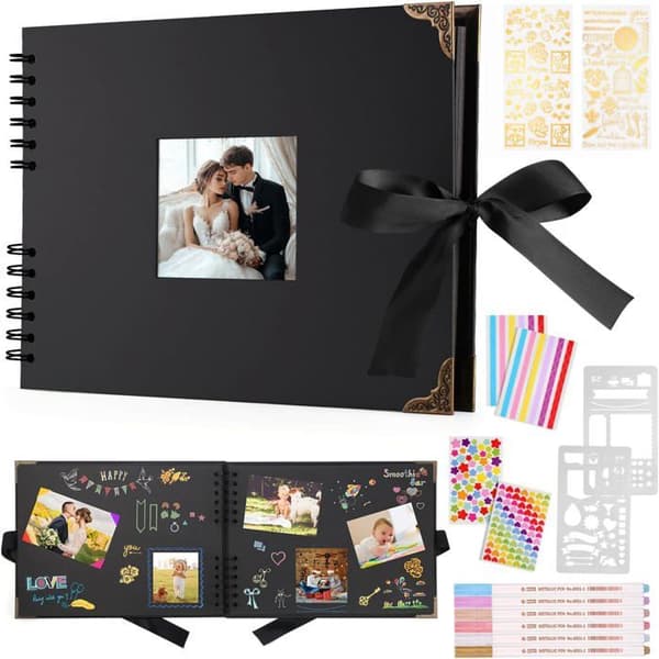 Album Foto 80 Sidor Svart Scrapbooking Album 29,5 X 21Cm Scrapbooking Bok Med 6 Metallpennor, För 160 Foton, (Svart)