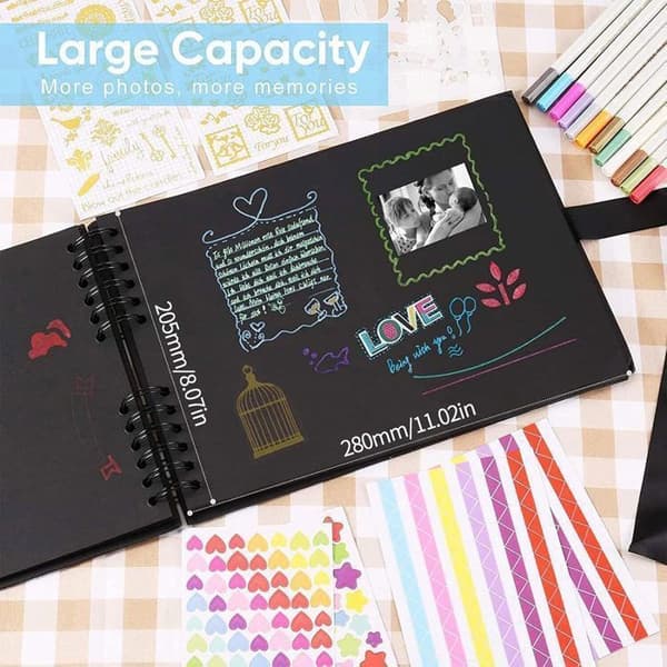 Gör-det-själv-fotoscrapbooking med 6 metallpennor, 80 sidor handgjorda bok-DIY-album, presenter att få, (svart)