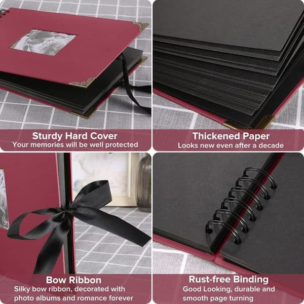 Fotoalbum 80 sidor Black Scrapbooking Album 29,5X21Cm Scrapbookingbok med 6 metallpennor, för 160 bilder, (vinröd)