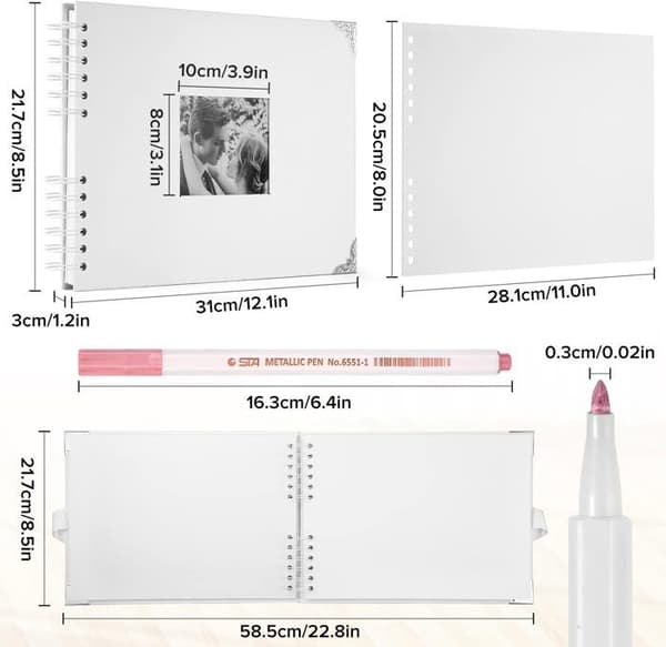 Fotoalbum 80 sidor Black Scrapbooking Album 29,5X21Cm Scrapbookingbok med 6 metallpennor, för 160 foton, (vit)