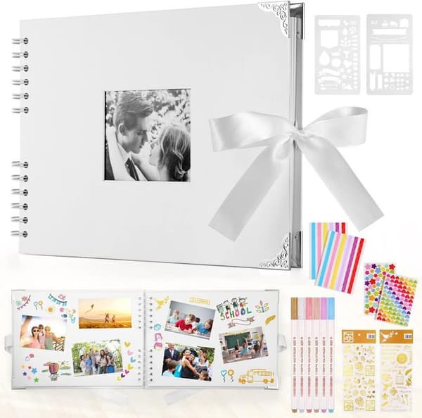 Fotoalbum 80 sidor Black Scrapbooking Album 29,5X21Cm Scrapbookingbok med 6 metallpennor, för 160 foton, (vit)