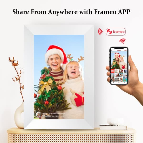 Frameo 10,1 tum Smart WiFi digital fotoram, 1280 x 800 IPS LCD-pekskärm, Auto-rotera porträtt och landskapsläge, 16 GB, Frameo-app