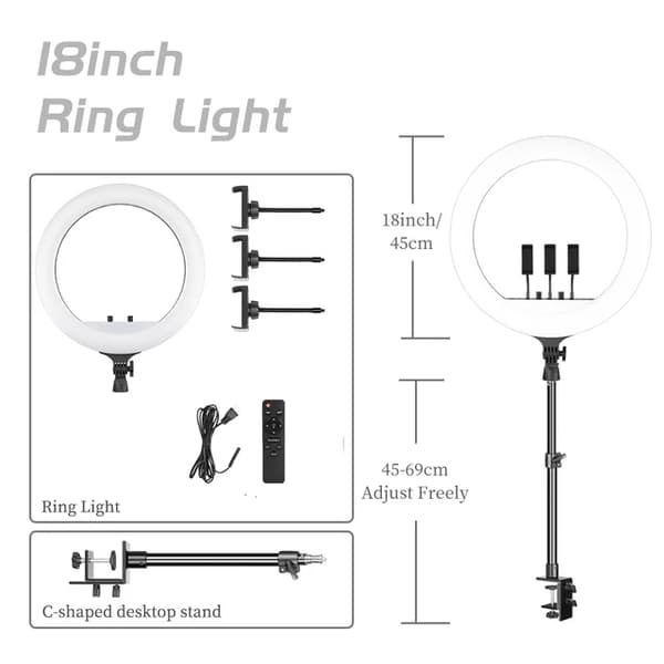 Ring Light, halkaisija 18 tuumaa, säädettävä jalusta, 150CM jalusta
